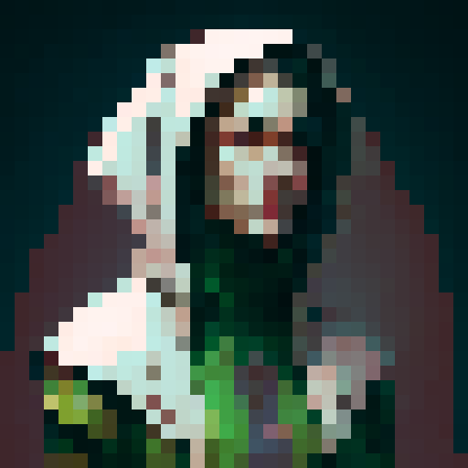 Huntress character with old green cape, wooden horns and bow