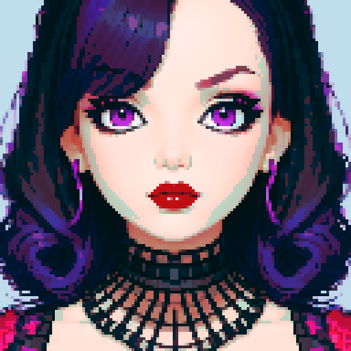 curvy, cute, goth girl, black hair, purple eyeshadow, red lipstick, full head portrait, glamour shot.