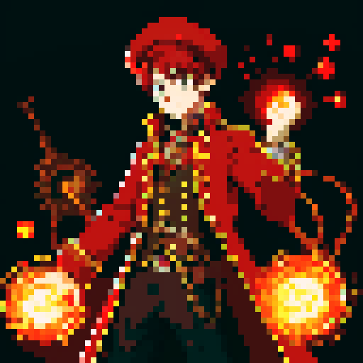 steampunk young man, red coat, red hat, 2D game stance, pixel art, sRGB
