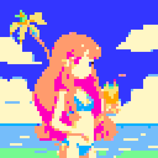 girl with long flowing hair, wearing a vibrant bikini, holding a refreshing coconut drink with a small umbrella, amidst a collection of brightly patterned beach towels, set against a sunset background