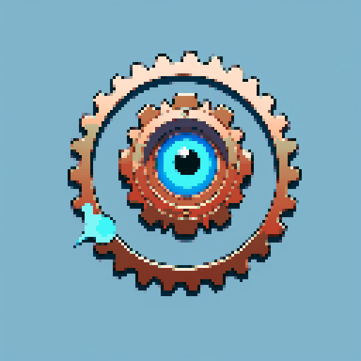Large copper gear with a glowing blue eye in the middle. on a solid color background so I can easily remove the background