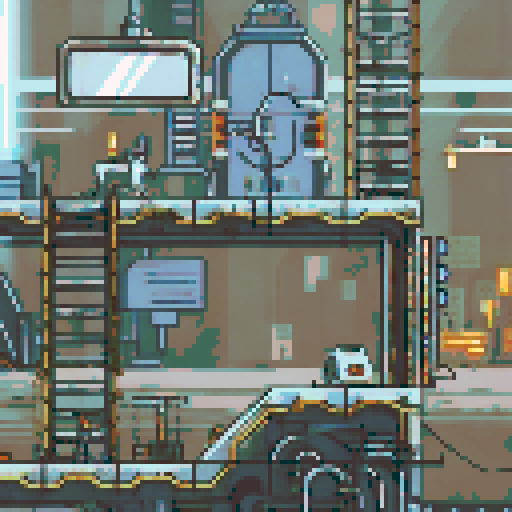 Dilapidated machinery, sparks flying, smog-filled air, towering metal structures, cracked concrete floors, flickering neon lights, rusted conveyor belts, broken windows, shattered glass, discarded robot parts, overgrown vines, eerie shadows, abandoned control panels