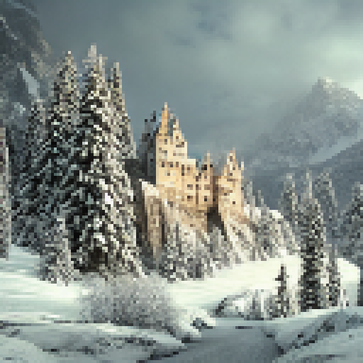 A castle embedded in a mountain, winter, dragons
