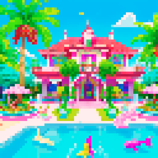 whimsical, colorful mansion, vibrant gardens, sparkling sea, towering palm trees, intricate details, playful dolphins, fantastical mermaids, pixelated art style, vivid colors, sRGB color space
