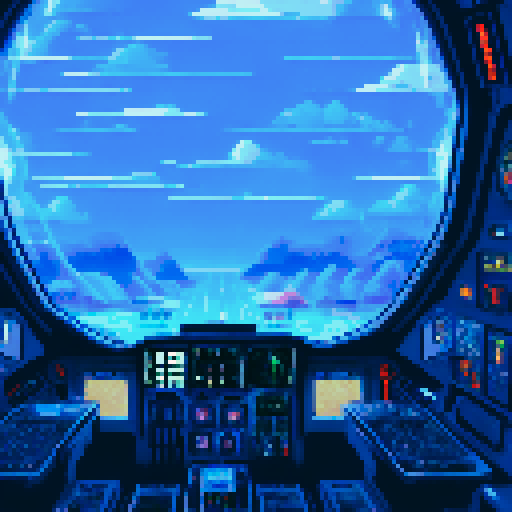 spaceship cockpit interior, blinking lights, knobs, dials, looking out into space, first person view, moody atmosphere