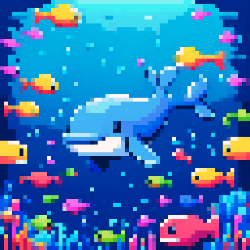 cute, cartoon whale, pixel art, sRGB, vibrant colors, playful, underwater scene, smiling, joyful, surrounded by colorful fish, bubbles floating around, blue ocean background