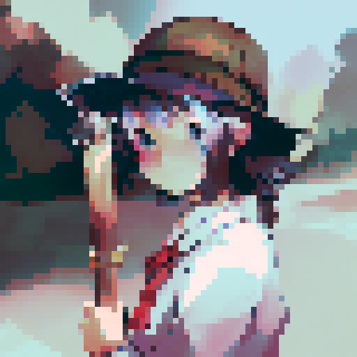 Profile picture, a young girl, rounded face, blue eyes, short black hair, white shirt, beige hat, red neck ribbon, holding an incense stick, dark night time in the forest background, midnight, dark forest