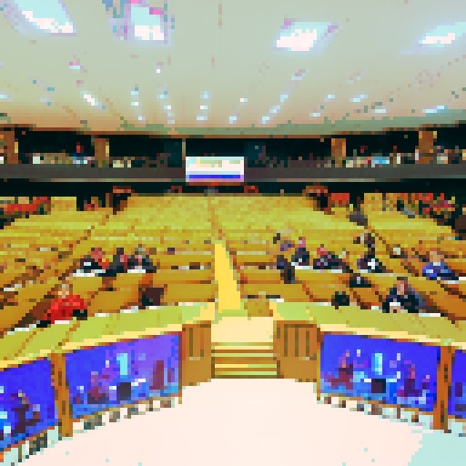 Wide shot of delegates arguing inside of German Federal Parliament, live TV coverage, vibrant colors, pixelated details, retro video game aesthetic, animated pixel art, intricate pixel patterns, dynamic lighting, immersive atmosphere, animated gestures, traditional German clothing, historical significance