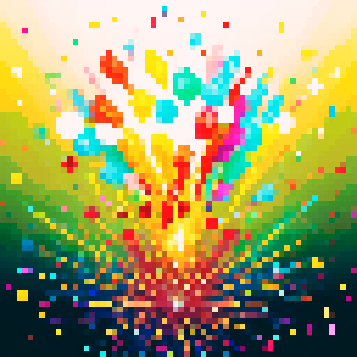 Colorful explosions, sparkling particles, vibrant bursts, pixellated brilliance, shimmering confetti, digital fireworks, retro charm, intricate details, vibrant color palette, pixelated magic