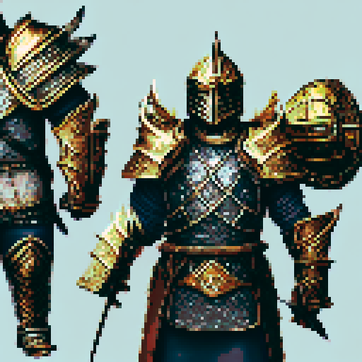 Golden chain mail glinting in the sunlight, intricate engravings of dragons and lions etched into every inch, a majestic helmet adorned with a fierce eagle crest, and a pair of gauntlets that could crush a boulder - all at 5 scale, perfect for a game asset