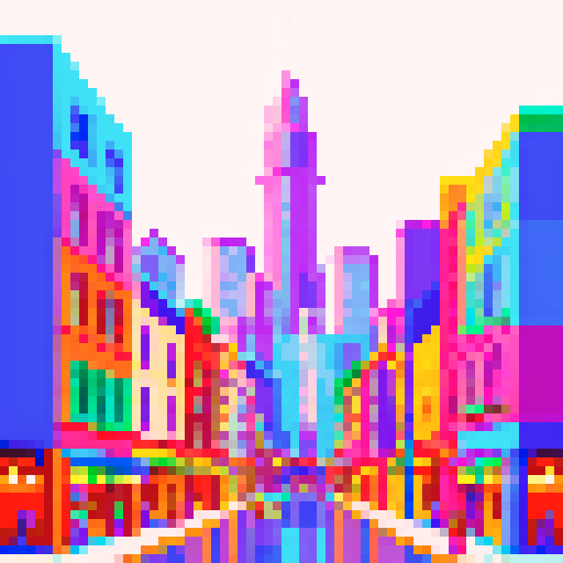 hello, a vibrant and colorful pixel art depiction of a lively cityscape with towering buildings and bustling streets, capturing the essence of sRGB