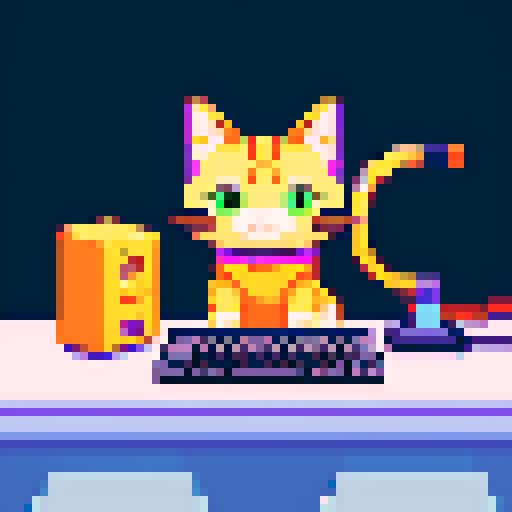Pixelated screens, busy keyboards, feline programmers, colorful sprites, retro vibes, bustling workspace, vibrant code, digitized fur, tiny paws, 8-bit meows, sRGB palette; cat coders create pixel art with a nostalgic, retro feel