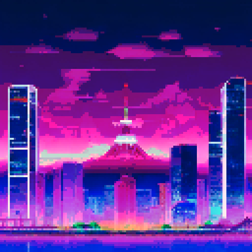Tokyo tower, illuminated in vibrant pinks and purples, stands tall against the backdrop of a pixel art cityscape, reminiscent of a vaporwave dreamscape Mount Fuji, majestic and serene, completes the sRGB landscape, casting its shadow over the shimmering metropolis