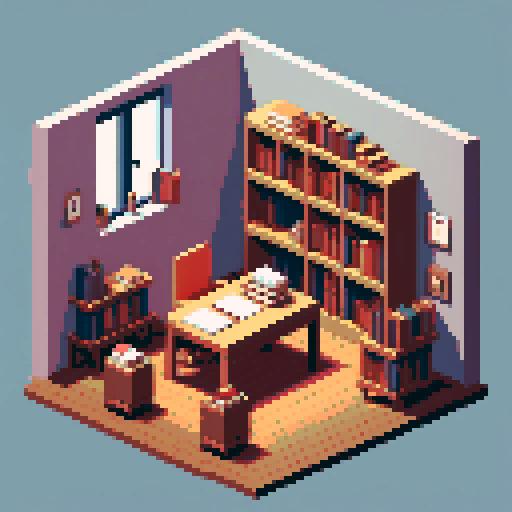 building, inside, block, wood, isometric, writing table, feather pen, ink, papers, books
