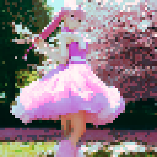 Pink-haired, doe-eyed girl twirling a parasol in a garden of cherry blossom trees, wearing a frilly Lolita dress with lace and bows