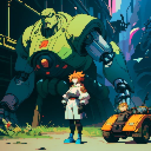 fat mad scientist, facing left, full-body image, exaggerated features, pixelated details, giant robot, mechanical limbs, robot workshop backdrop, sRGB color palette