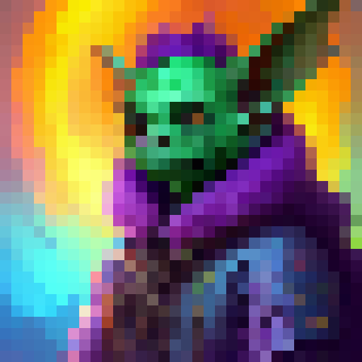 Colorful goblin warrior brandishing a wicked scimitar, surrounded by a vibrant rainbow of swirling magic, set against a dark, eerie forest backdrop.