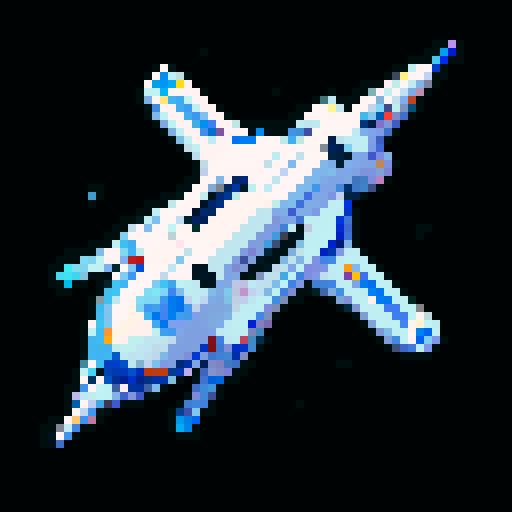 a transparent pure 2d sprite for a space game. It needs to look like the top view of a futuristic spaceship all by itself with the background transparent ,style of the 80s. The spaceship should not have any shadows.