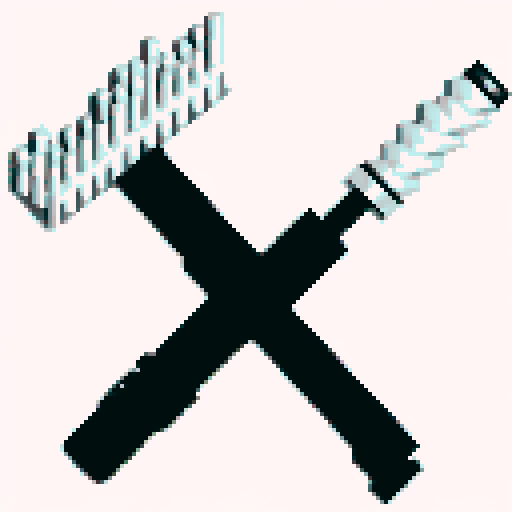 Crossed hammer and screwdriver, towering over a white background, rendered in pixel art with a high contrast black and white palette