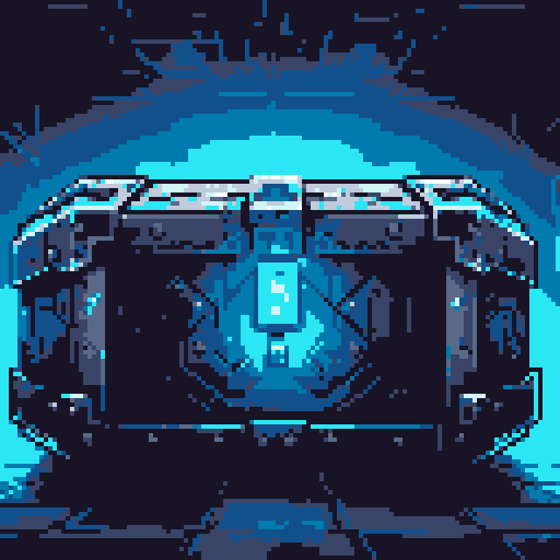 mystery box, stone, metall, shiny, pixel art, sRGB, vibrant colors, glowing lights, intricate patterns
