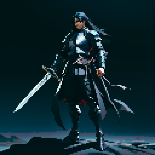 full-body image, male knight, man in black armor, giant sword, long black hair, sexy, male dark knight, giant sword, huge long sword, long hair, facing left, ready to fight, very long sword