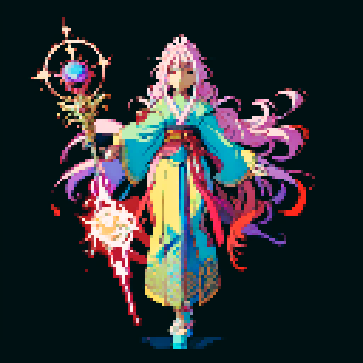 legendary anime girl wizard, long flowing hair, vibrant and dynamic colors, glowing magical staff, intricate and ornate robes, intense and focused expression looking to the right, not wearing shoes, sparkling and shimmering background, detailed and precise pixel art

