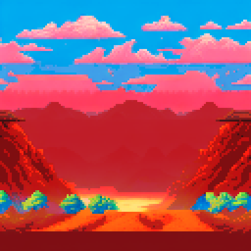 Crumbled skyscrapers jut out from a barren desert landscape, with sand dunes shifting in the foreground while a fiery red sky looms overhead, all depicted in a pixel art style with a moody sRGB color palette