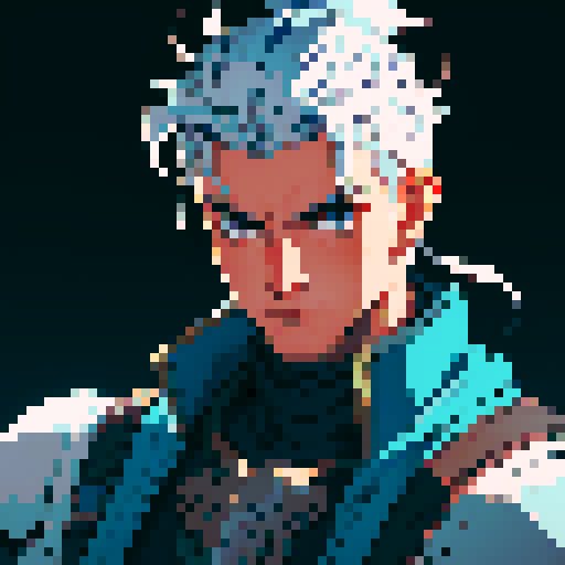 male warrior with a sleek, silver helmet, broad shoulders, muscular arms, retro pixel art, portrait