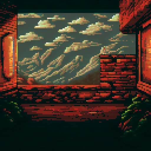 The bedroom of an American house by night. No characters. The room belongs to an adult couple. In the middle of the room is a double bed. On the left is the entrance door. On the right is the window. Next to the bed are bedside tables, both on the right and left. There is a floor plan in the room and pictures on the wall.