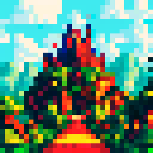 Golden armored knight galloping through a misty, moonlit forest, with towering trees and a castle in the background, all depicted in vibrant sRGB pixel art style