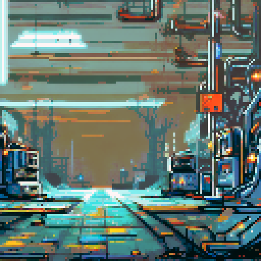 Run-down, apocalyptic atmosphere with dilapidated machinery and sparks flying in a pixel art, sRGB, background landscape of a Futuristic robot factory Towering metal structures and cracked concrete floors create an eerie ambiance, illuminated by flickering neon lights Rusty conveyor belts and broken windows reveal shattered glass, while discarded robot parts lie among overgrown vines Eerie shadows dance across abandoned control panels, with parallax effects adding depth to the scene