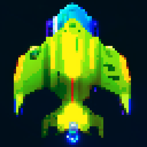 spaceship, overhead view, retro pixel art, vibrant colors, sleek design, glowing thrusters, transparent background, futuristic technology, metallic hull, intricate details, cockpit window