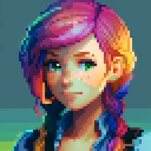 stardew valley-inspired, woman, pixel art, sRGB, vibrant colors, rustic backdrop, braided hair, glowing skin, gentle smile, freckles, rosy cheeks