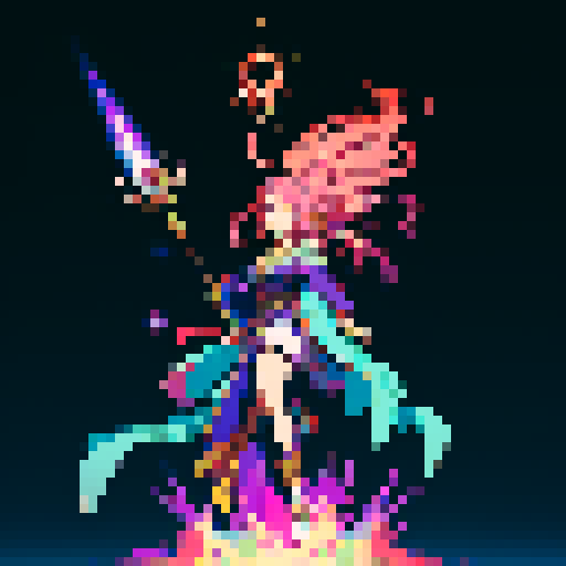 legendary anime girl wizard, long flowing hair, vibrant and dynamic colors, glowing magical staff, intricate and ornate robes, intense and focused expression looking to the right, not wearing shoes, sparkling and shimmering background, detailed and precise pixel art
