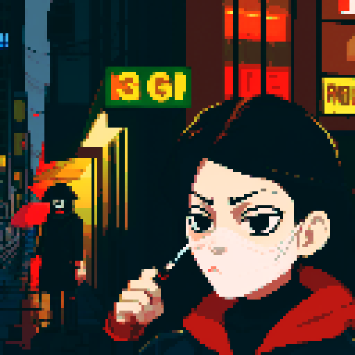 Girl on the right smoking a cigarette, guy on the left holding a gun with a black mask covering his face, gritty, rainy, nighttime, downtown