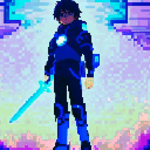 young hero with blue glowing cyber sword shonen with dark hair, astralite, anime game pixel art, A vibrant and colorful RPG-style scene with Super Nintendo graphics, featuring a 16-bit color palette and a resolution of 256x224 pixels, very detailed