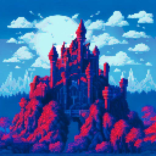 Pixel world, nature, an abandoned castle, plants, full moon, midnight, one moon, devastation, emptiness