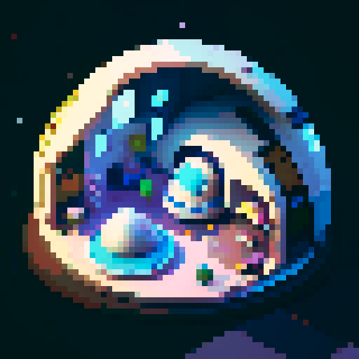 rounded spaceship interior, smooth curved walls, large windows showing space, gachapon-like design, cryo-pod in the center, pixel art, sRGB