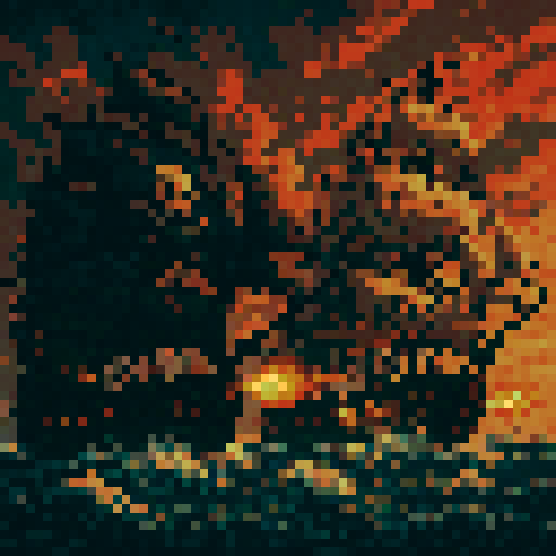 Naval pirate ship battle, fierce ocean waves, billowing sails, cannon fire, dramatic sky, pixel art, sRGB