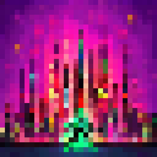 Shiv, a skilled artist, paints a vibrant, 32x32 pixel cityscape at night, featuring towering skyscrapers, neon lights, bustling traffic, and a full moon casting a ghostly glow over everything.