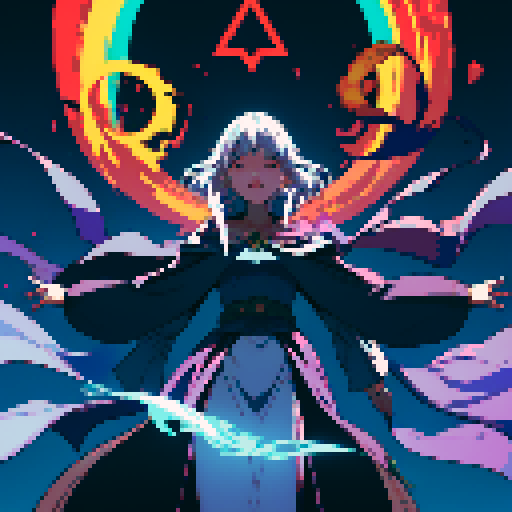 sorceress, floating, arms out, magic circles, magic power, spell, evil sorceress, evil witch, magic symbols, sRGB, pixel art