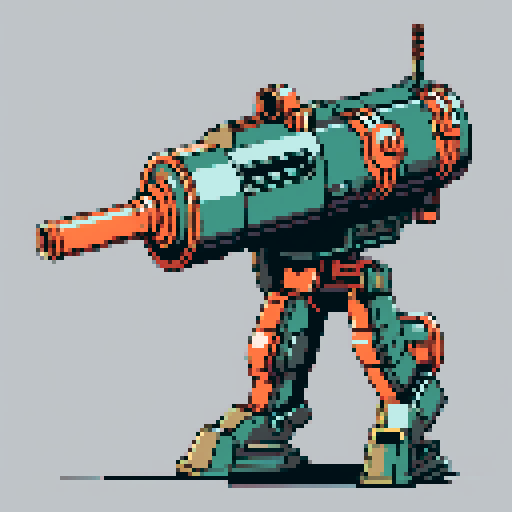 I want a big copper minigun viewed from from the side. It should not be on a stand but instead floating in the center of the frame. It should have strange mechanical details that could interlock with others. I want this object usable an asset in a videogame, meaning only one object per image, outlined with a strong black stroke, on a solid-color background. 