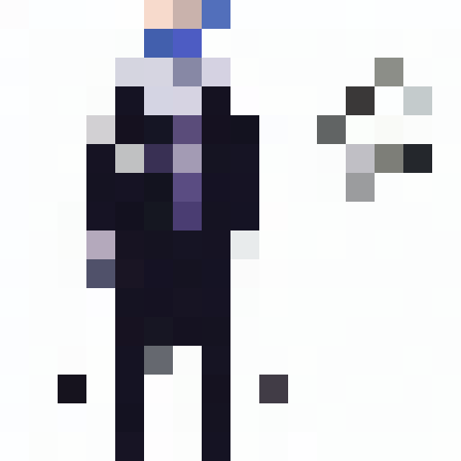 chico de cabello azul, ojos, negros, camisa blanca cubierta por un suéter negro con cuello acolchado blanco, pantalon negro azulado oscuro, cinturon gris amarrado a su pierna derecha, tenis blanco con azul 