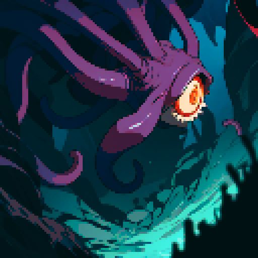 eldritch being, tentacles writhing, full body floating, brain pulsating, many eyes staring, eyeballs bulging, no humans, monsyer, sRGB pixel art
