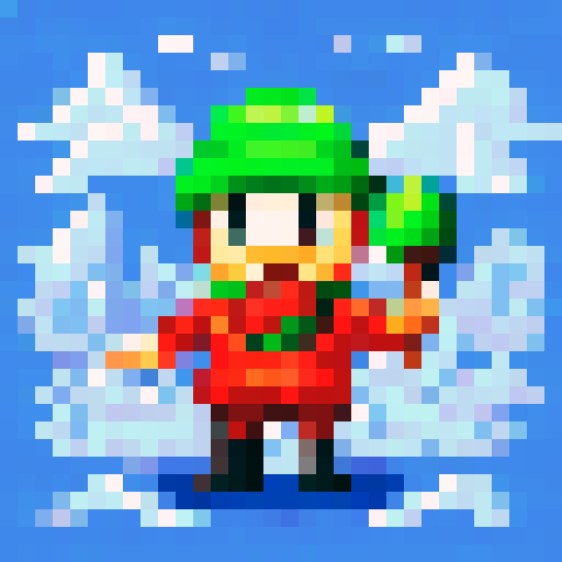 Pixel figure, with a green cap and a bright red scarf, standing on a snow-covered hill with a few trees in the background