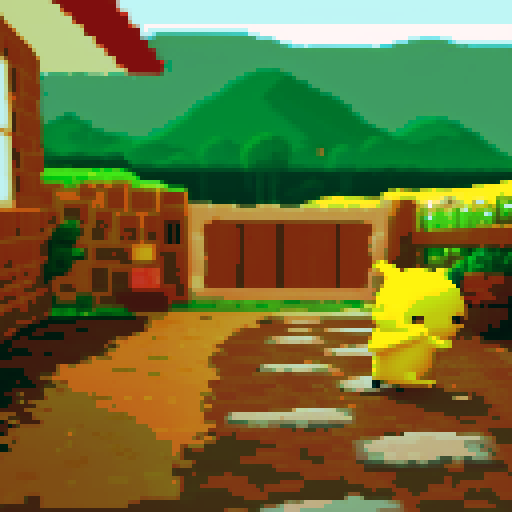 Front yard of house, small yellow creature