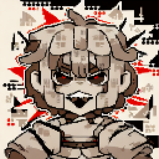 Pixelated caricature of a fierce, samurai warrior with a menacing expression, featuring bold black lines and sharp angles, all rendered in a monochromatic palette.