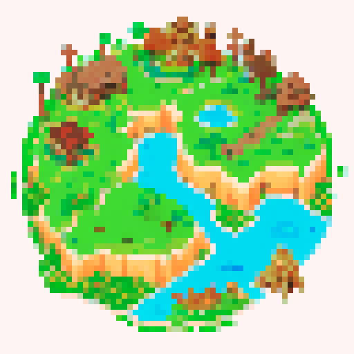 a map containing 5 biomes: a small village of wooden buildings in the center, surrounded by palisades. a desert in the lower right, lava stricken rocky mountains in the top right corner, an ocean in the top left and grasslands in the lower right corner