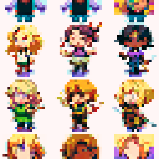 2D character, blond hair, vest, sword in hand, sprite sheet, walking, running, fighting animations, purple shirt, exposed chest, black hair, brown boots, pixel art style, sRGB colors

