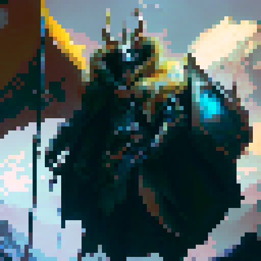 A towering, horned warrior adorned in golden armor and draped in fur, standing atop a misty mountaintop surrounded by swirling celestial lights and wielding a glowing, rune-carved greatsword